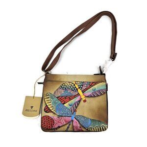 New Anuschka Dancing Dragonflies Hand Painted Leather Purse Crossbody Bag